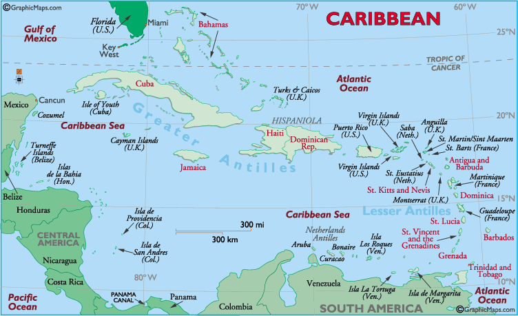The West Indies (Caribbean) are a large group of islands that separate the 
